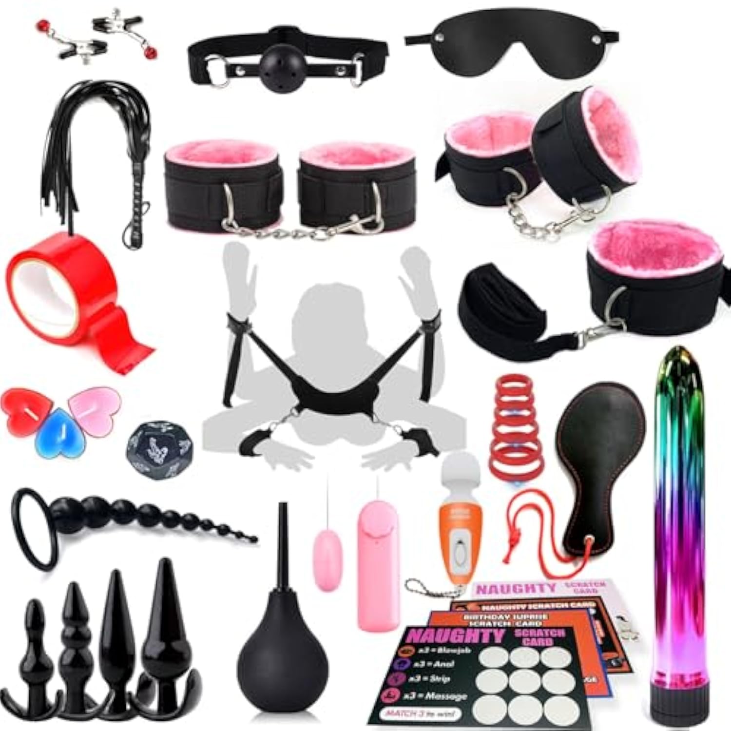 Sex Bondage Restraints Bdsm Kit, 33Pcs Leather Bondage, Anal Plug Anal Beads Sex Dice Sex Things For Couples Kinky