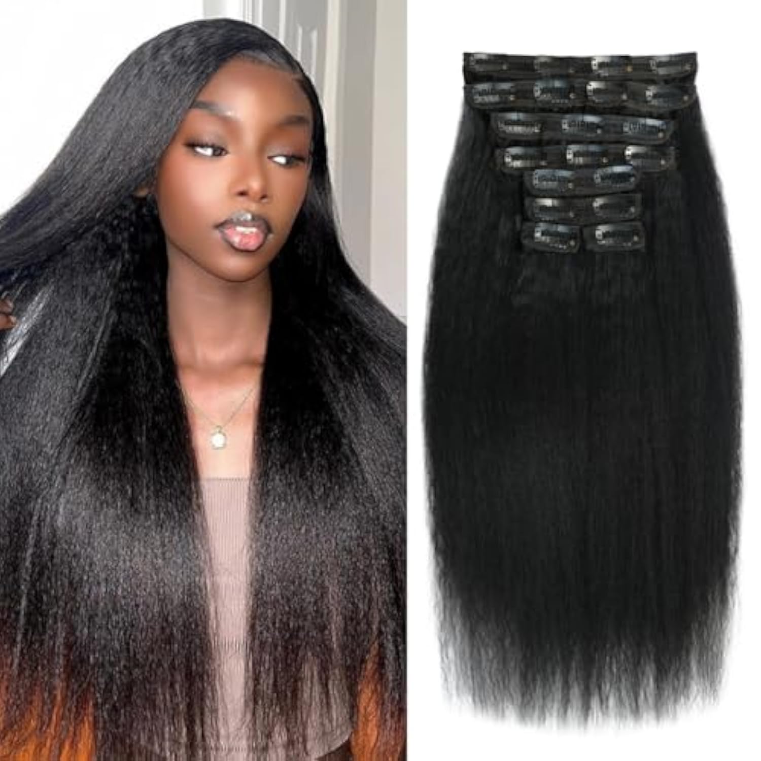 Kinky Straight Clip Ins 8Pcs 120G 16 Inch Clip In Hair Extensions Real Human Hair Yaki Straight Clipins For Black Women Full Head Brazilian Remy Hair Extensions Double Weft 20 Clips